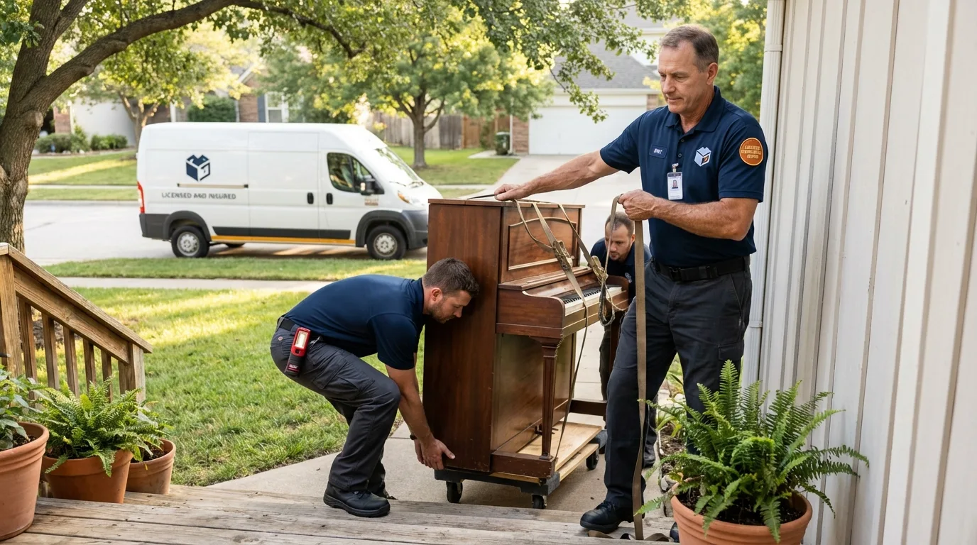 Licensed piano movers securing grand piano in Walls, MS