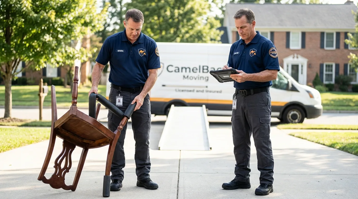 Movers inspecting furniture for damage prevention before loading in Walls, MS